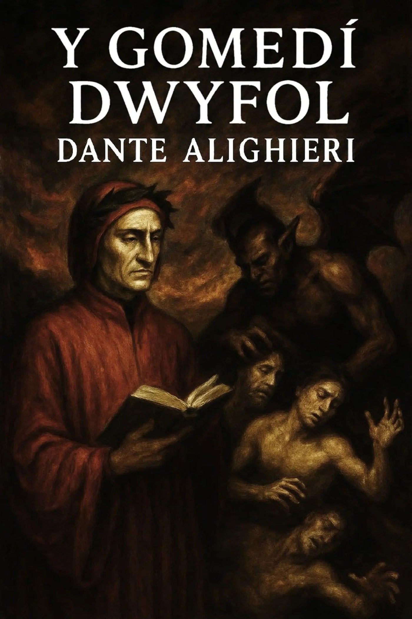 Book cover for 'Y Gomedí Dwyfol' by Dante Alighieri, featuring a dark, classical painting of figures and a figure in a red robe holding an open book, with the title in large white text at the top.