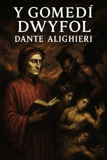 Book cover for 'Y Gomedí Dwyfol' by Dante Alighieri, featuring a dark, classical painting of figures and a figure in a red robe holding an open book, with the title in large white text at the top.