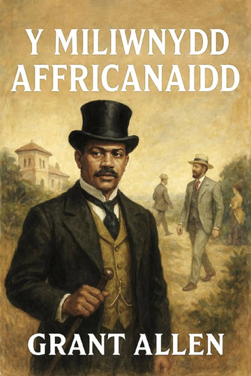 Book cover for 'Y Miliwnydd Affricanaidd' by Grant Allen, featuring a sepia-toned historical painting of a man in a black top hat and dark suit in the foreground, with other figures and a building in the background.