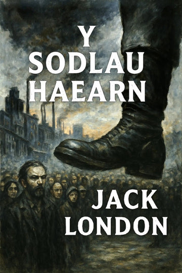 Book cover for 'Y Sodlau Haearn' by Jack London, featuring a dark, painterly scene of a large boot towering over a crowd in a smoky industrial city.