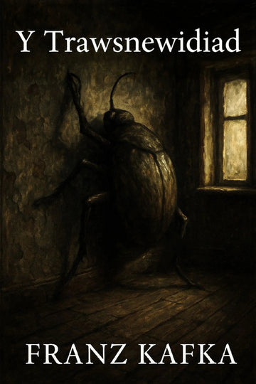 A dark illustrated book cover featuring a large beetle-like insect standing in a dimly lit room with a window, with the title 'Y Trawsnewidiad' 