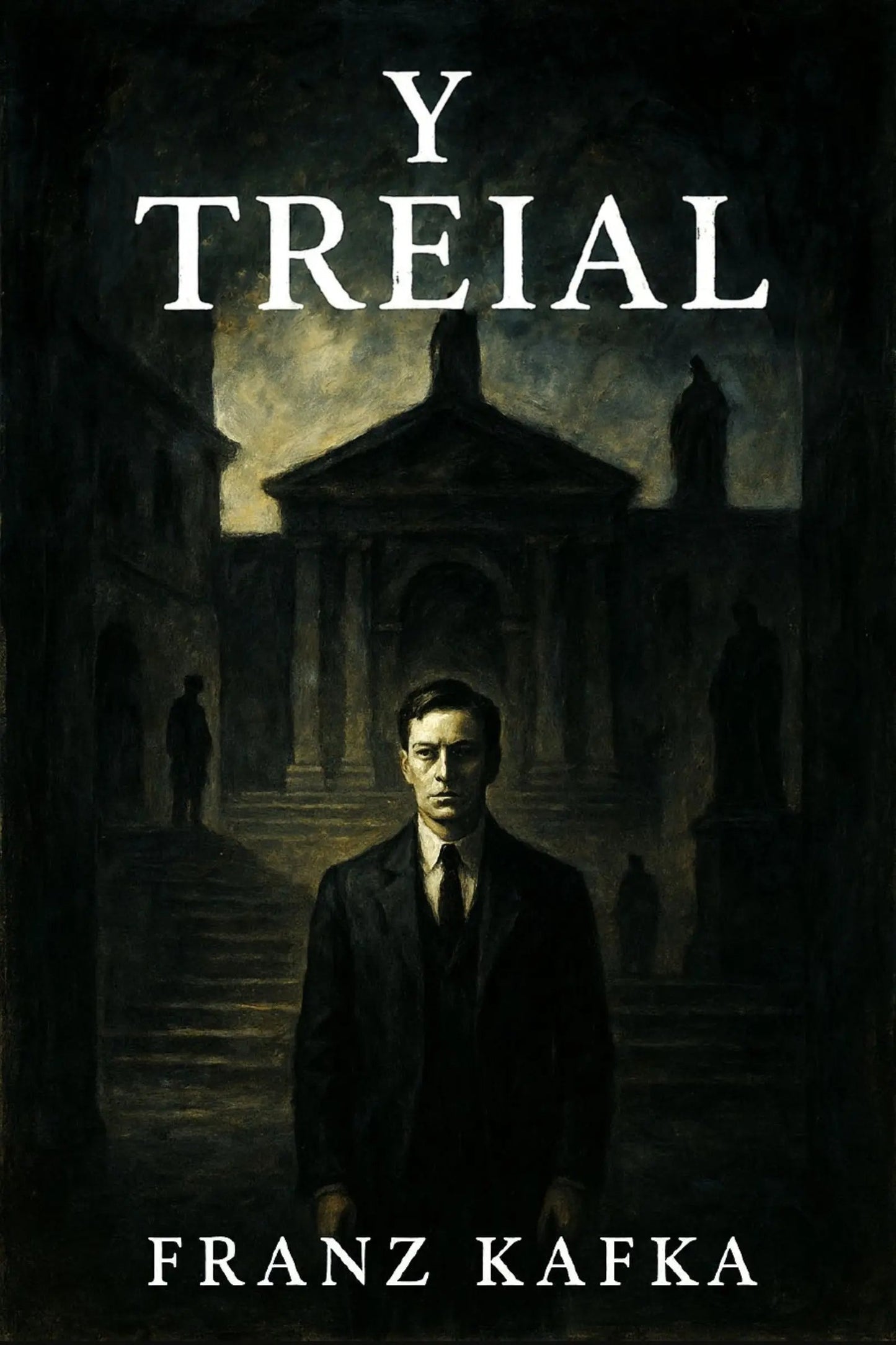 Book cover for 'Y Treial' by Franz Kafka, featuring a dark, moody illustration of a man in a suit standing in front of a classical building with the title and author name in white text.