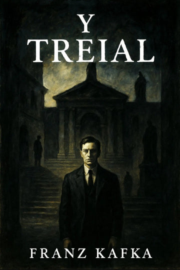 Book cover for 'Y Treial' by Franz Kafka, featuring a dark, moody illustration of a man in a suit standing in front of a classical building with the title and author name in white text.