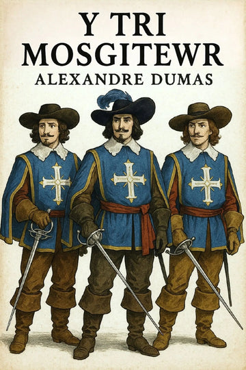 Book cover for 'Y Tri Mosgitewr' by Alexandre Dumas, featuring an illustration of three historical figures in blue tunics with white crosses, brown hats, and swords, on a cream background.