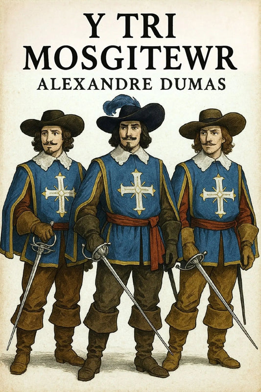 Book cover for 'Y Tri Mosgitewr' by Alexandre Dumas, featuring an illustration of three historical figures in blue tunics with white crosses, brown hats, and swords, on a cream background.