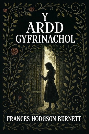 Book cover for 'Y ardd gyfrinachol' by Frances Hodgson Burnett, featuring a dark illustration of a girl standing in a doorway framed by ornate foliage, with the title and author name in white text.