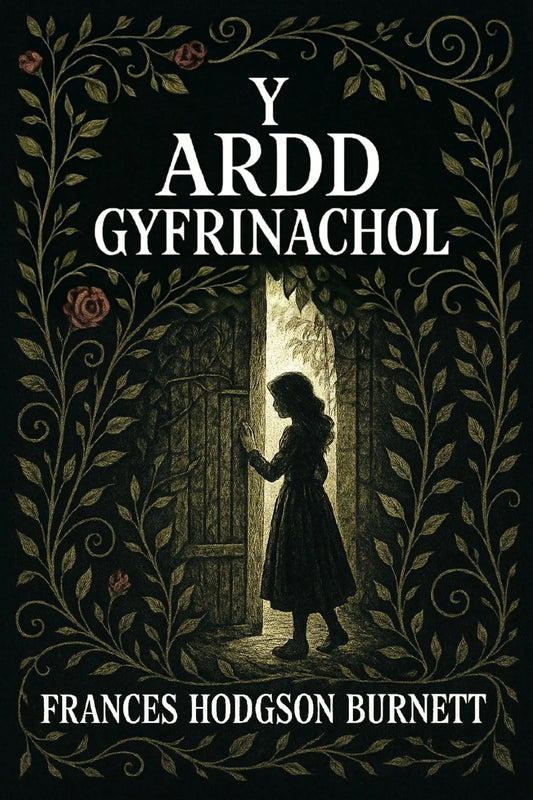 Book cover for 'Y ardd gyfrinachol' by Frances Hodgson Burnett, featuring a dark illustration of a girl standing in a doorway framed by ornate foliage, with the title and author name in white text.