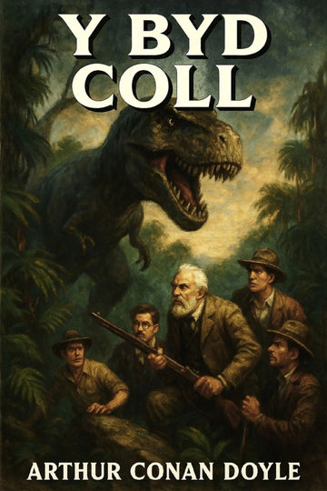 Book cover for 'Y byd coll' by Arthur Conan Doyle, featuring a dramatic illustration of a Tyrannosaurus Rex in a jungle with four men in period attire below, in dark green, brown, and beige tones.