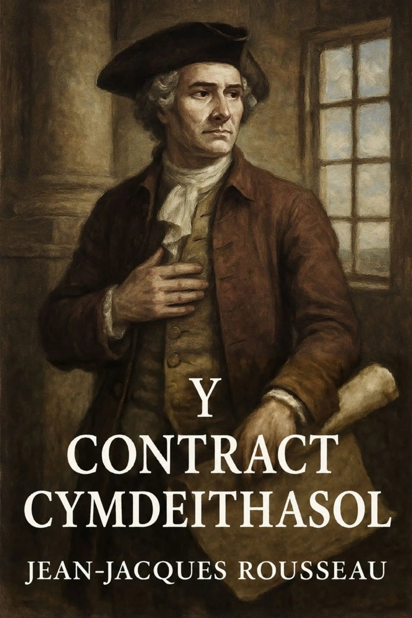 Book cover for 'Y contract cymdeithasol' by Jean-Jacques Rousseau, featuring a historical portrait of Rousseau in a 18th-century coat and hat against a dark interior background with a window.