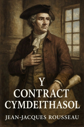 Book cover for 'Y contract cymdeithasol' by Jean-Jacques Rousseau, featuring a historical portrait of Rousseau in a 18th-century coat and hat against a dark interior background with a window.