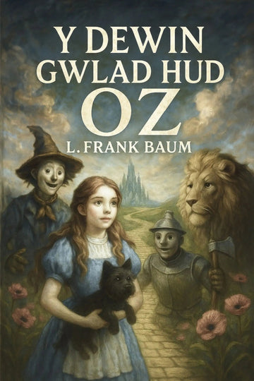 Book cover for 'Y dewin gwlad hud Oz' by L. Frank Baum, featuring an illustrated scene of Dorothy, the Scarecrow, the Cowardly Lion, and Tin Man on a yellow brick road with a dark cloudy sky above.