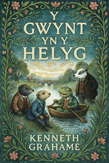Book cover for 'Y gwynt yn y helyg' by Kenneth Grahame, featuring an illustrated scene of four anthropomorphic animals by a river, with a large decorative border of leaves and flowers around the title and author name.