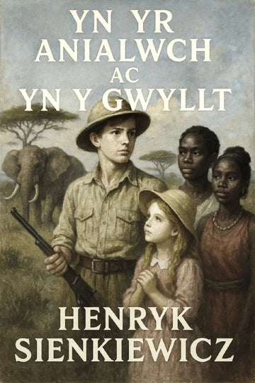 Book cover for 'Yn yr Anialwch ac Yn y Gwyllt' by Henryk Sienkiewicz, featuring an illustrated scene of a young man in safari attire holding a rifle, accompanied by a young girl in a hat and two darker-skinned children, with an elephant in the background.