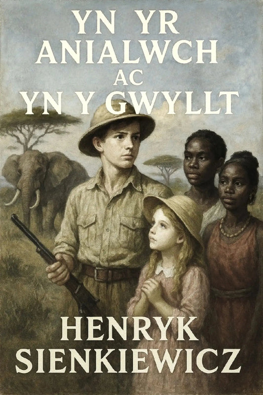 Book cover for 'Yn yr Anialwch ac Yn y Gwyllt' by Henryk Sienkiewicz, featuring an illustrated scene of a young man in safari attire holding a rifle, accompanied by a young girl in a hat and two darker-skinned children, with an elephant in the background.