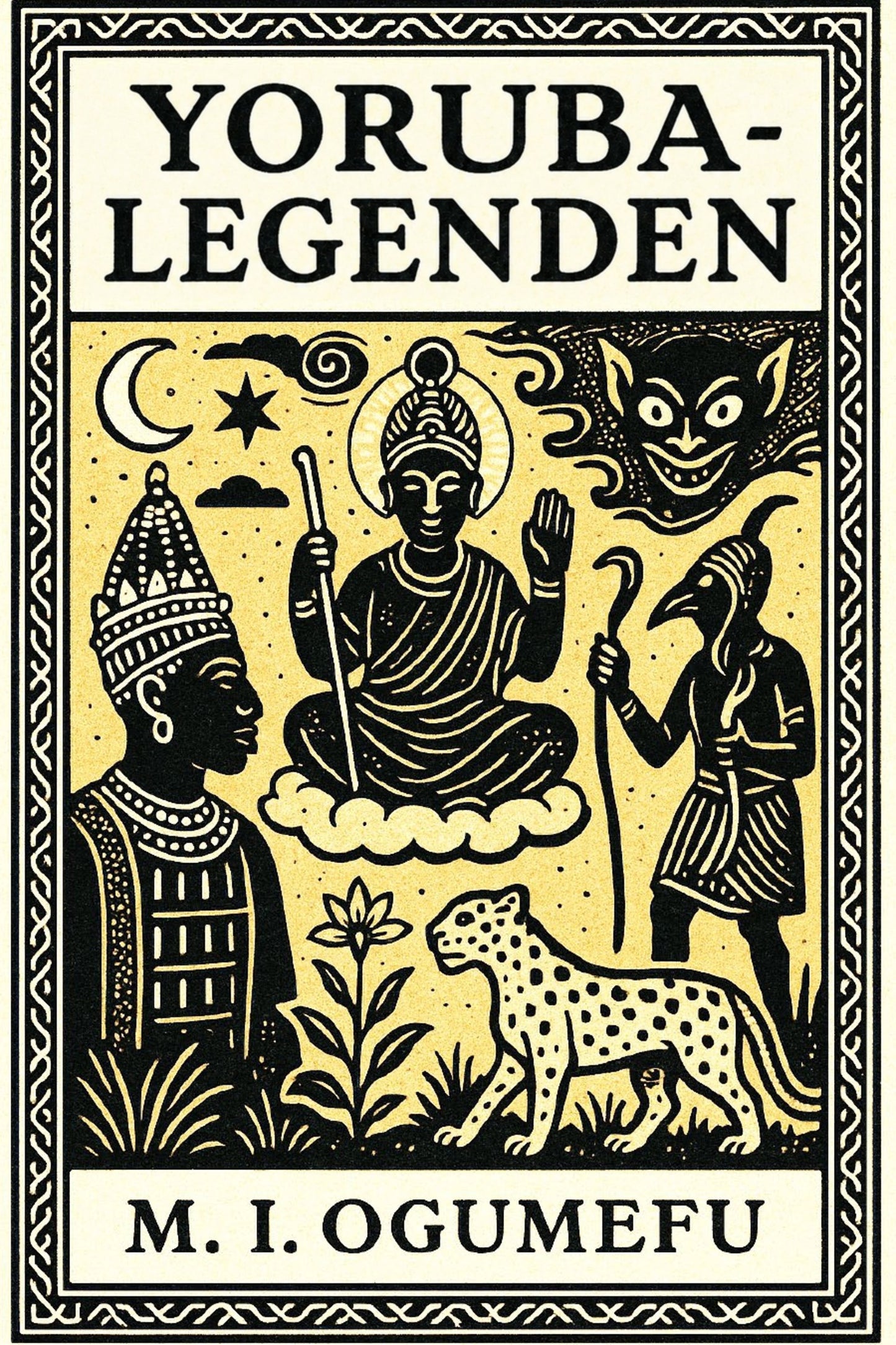 Book cover of 'Yoruba-Legenden' by M.I. Ogumefu with black illustrations on a yellow background.