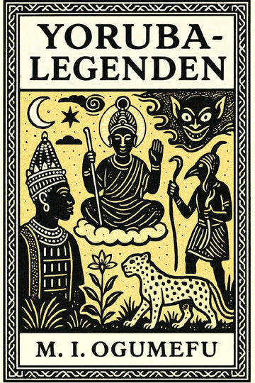 Book cover of 'Yoruba-Legenden' by M.I. Ogumefu with black illustrations on a yellow background.