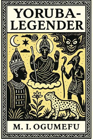 Book cover of 'Yoruba-legender' by M.I. Ogumefu with black illustrations on a yellow background.