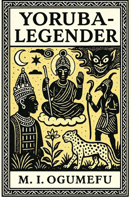 Book cover of 'Yoruba-legender' by M.I. Ogumefu with black illustrations on a yellow background.
