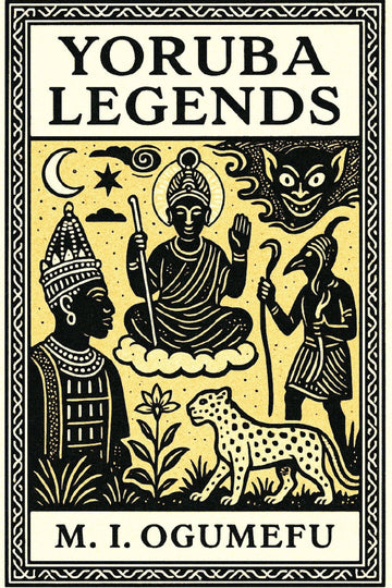 Book cover of 'Yoruba Legends' by M.I. Ogumefu with black illustrations on a yellow background.