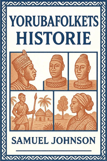 Book cover of 'Yorubafolkets historie' by Samuel Johnson with illustrations of Yoruba people and scenes.
