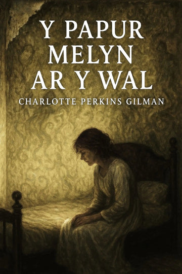 Book cover for 'Y papur melyn ar y wal' by Charlotte Perkins Gilman, featuring a sepia-toned illustration of a woman sitting on a bed in a dimly lit room, with the title in large white text at the top.