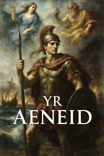 Book cover for 'Yr Aeneid' featuring a classical painting of Aeneas as a Roman warrior holding a spear and shield, with a helmet and draped cape, set against a dark, dramatic background with ships and celestial figures.