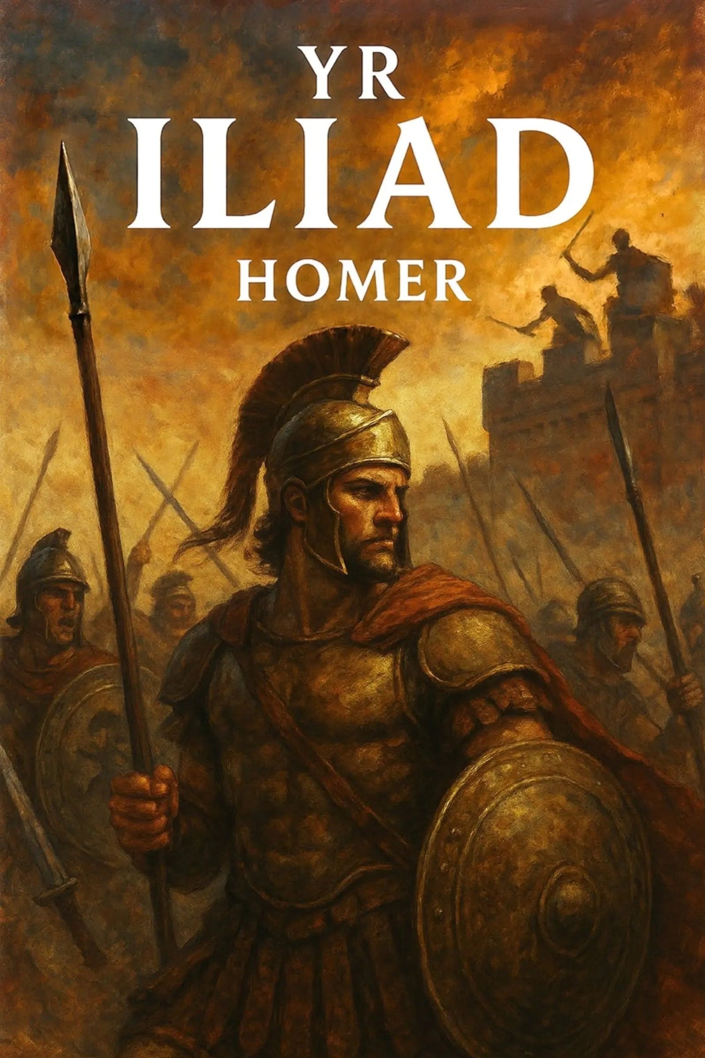 Book cover for 'Yr Iliad' by Homer, featuring a dramatic painting of an ancient Greek warrior in armor holding a spear and shield, with other soldiers and a battle scene in the background under a fiery golden sky.