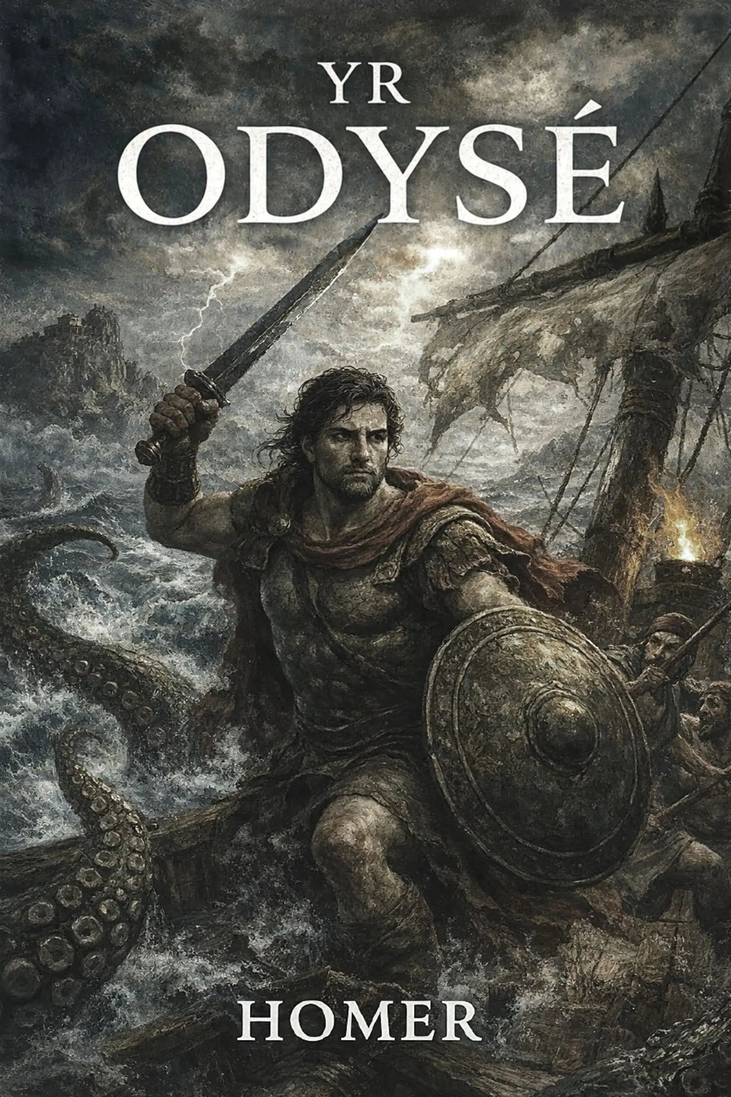 Book cover for 'Yr Odysé' by Homer, featuring a dramatic illustration of a warrior battling a giant octopus on stormy seas, with a ship in the background and the title text at the top.