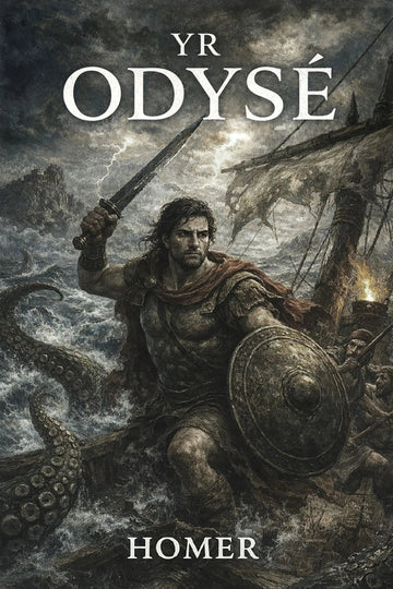 Book cover for 'Yr Odysé' by Homer, featuring a dramatic illustration of a warrior battling a giant octopus on stormy seas, with a ship in the background and the title text at the top.