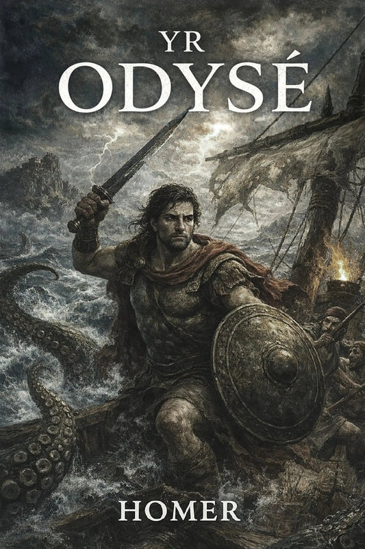Book cover for 'Yr Odysé' by Homer, featuring a dramatic illustration of a warrior battling a giant octopus on stormy seas, with a ship in the background and the title text at the top.