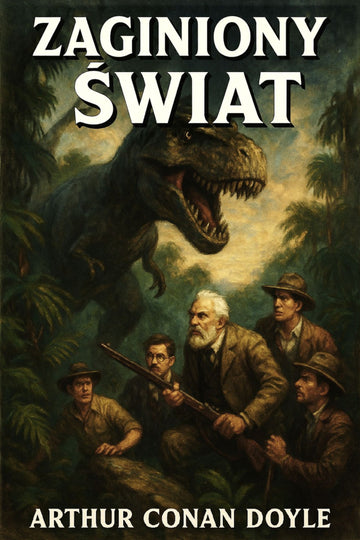 Book cover of 'Zaginiony świat' with a dinosaur and men in hats in a jungle setting.
