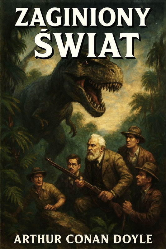 Book cover of 'Zaginiony świat' with a dinosaur and men in hats in a jungle setting.