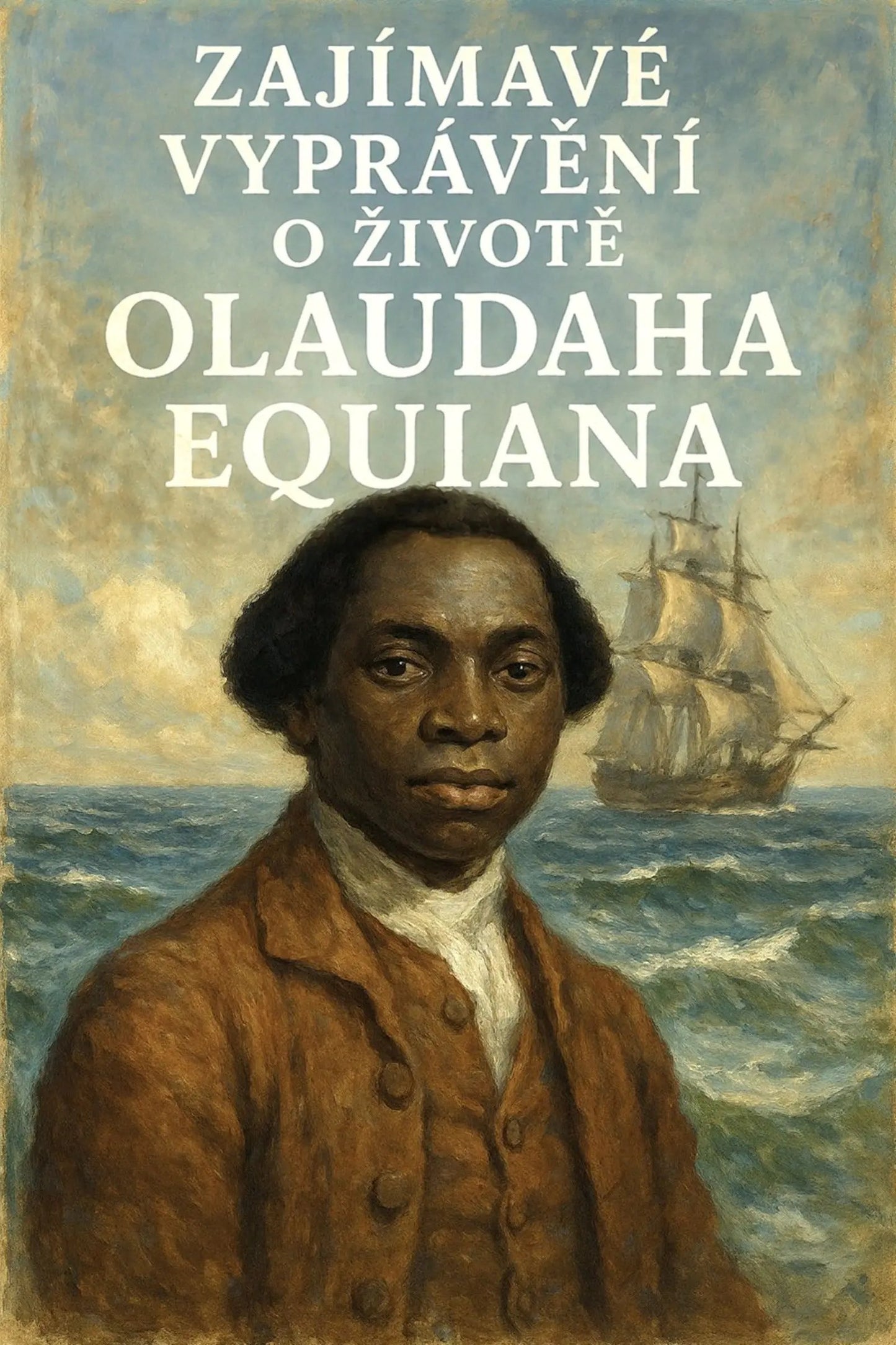 A book cover for 'Zajímavé vyprávění o životě Olaudaha Equiana' featuring a painted portrait of Olaudah Equiano in the foreground, with a sailing ship on the ocean.