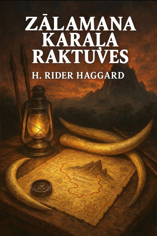 Book cover for 'Zālamana karaļa raktuves' by H. Rider Haggard, featuring an illustrated scene with a lantern, map, compass, tusks, and a dramatic mountain landscape in warm brown and orange tones.