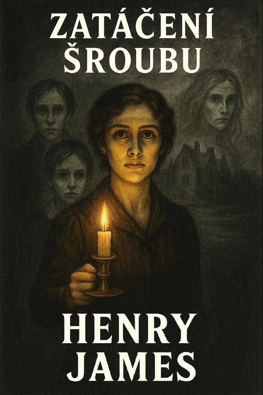 Book cover for 'Zatáčení šroubu' by Henry James, featuring a dark, moody illustration of a woman holding a lit candle, with three blurred ghostly faces in the background and the title and author name in large white text.