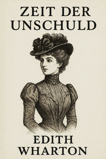 Book cover for 'Zeit der Unschuld' by Edith Wharton, featuring a vintage black ink illustration of a woman in a high-neck dress and large hat on a warm cream background.