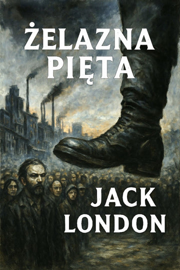 Book cover of 'Żelazna pięta' by Jack London with a boot stepping on a crowd and industrial background.
