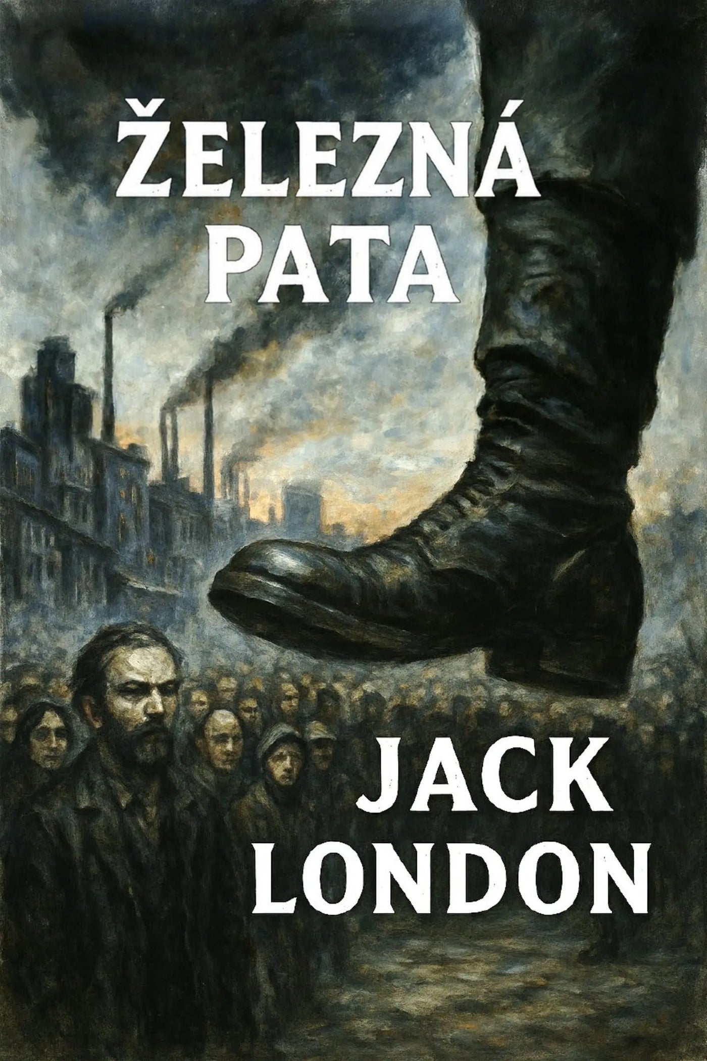 Book cover for 'Železná pata' by Jack London, featuring a dramatic illustration of a giant boot towering over a crowd in a smoky industrial city scene.