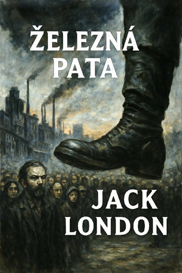 Book cover for 'Železná pata' by Jack London, featuring a dramatic illustration of a giant boot towering over a crowd in a smoky industrial city scene.
