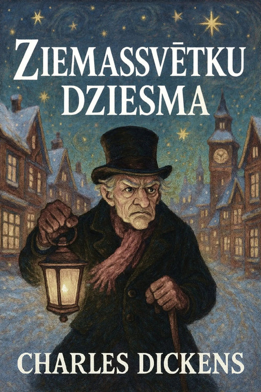 Book cover for 'Ziemassvētku dziesma' by Charles Dickens, featuring an illustrated winter village scene with a man in a top hat and coat holding a lantern.