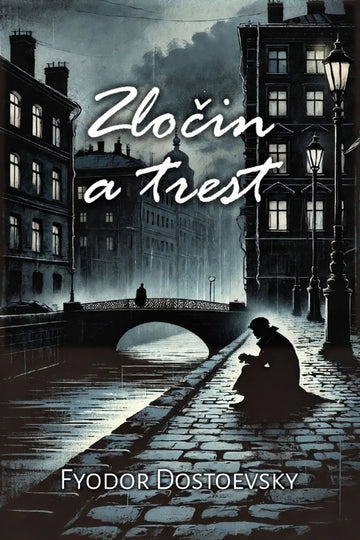 Book cover for 'Zločin a trest' by Fyodor Dostoevsky, featuring a moody, dark-toned illustration of a European canal street at night with a bridge, lit windows, and a seated figure in the foreground.