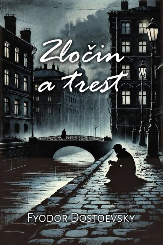 Book cover for 'Zločin a trest' by Fyodor Dostoevsky, featuring a moody, dark-toned illustration of a European canal street at night with a bridge, lit windows, and a seated figure in the foreground.