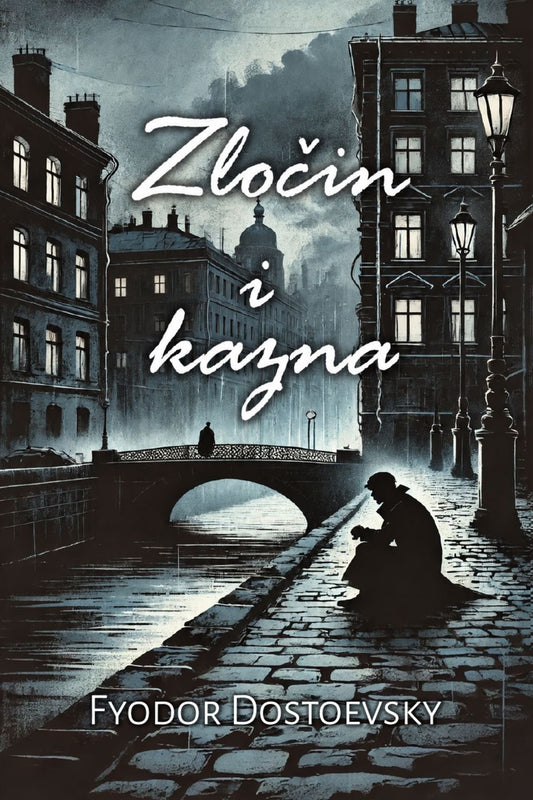 Book cover of 'Zločin i kazna' by Fyodor Dostoevsky with a silhouette of a person on a bridge at night.