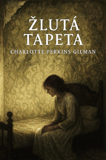 Book cover for 'Žlutá tapeta' by Charlotte Perkins Gilman, featuring a sepia-toned illustration of a woman sitting on a bed in a dimly lit room, with the title in large white text at the top.