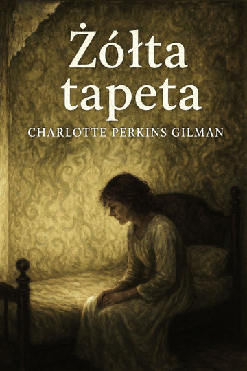 Book cover of 'Żółta tapeta' by Charlotte Perkins Gilman with a woman sitting on a bed.