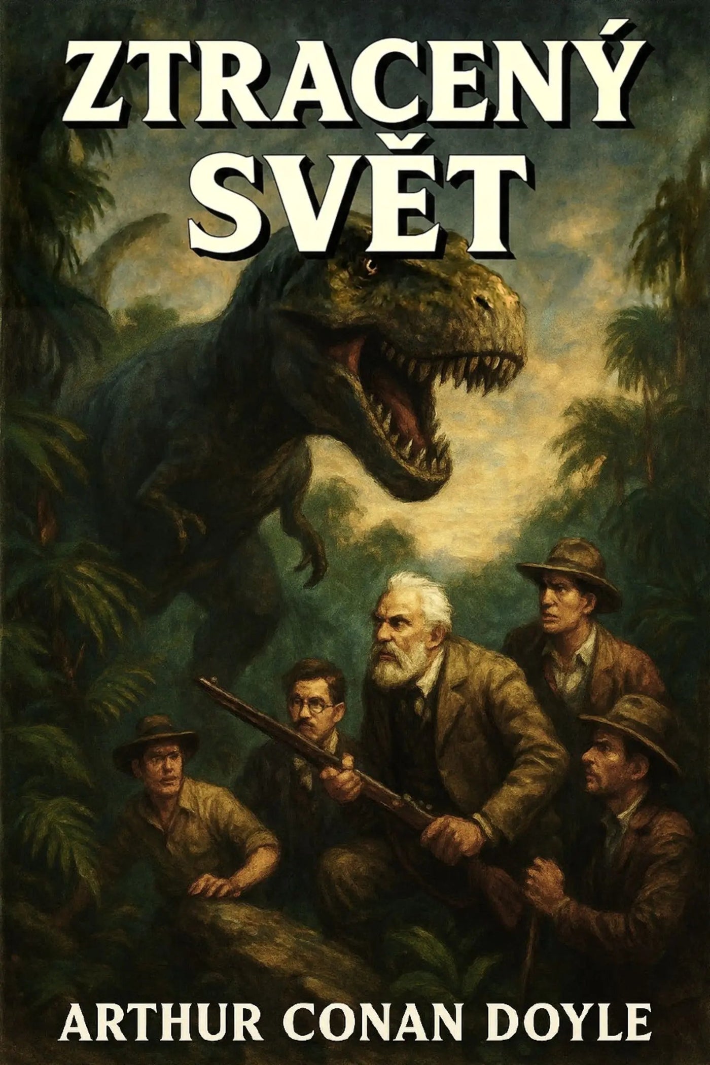 Book cover for 'Ztracený svět' by Arthur Conan Doyle, featuring an illustrated scene of four explorers in a jungle facing a large Tyrannosaurus Rex.
