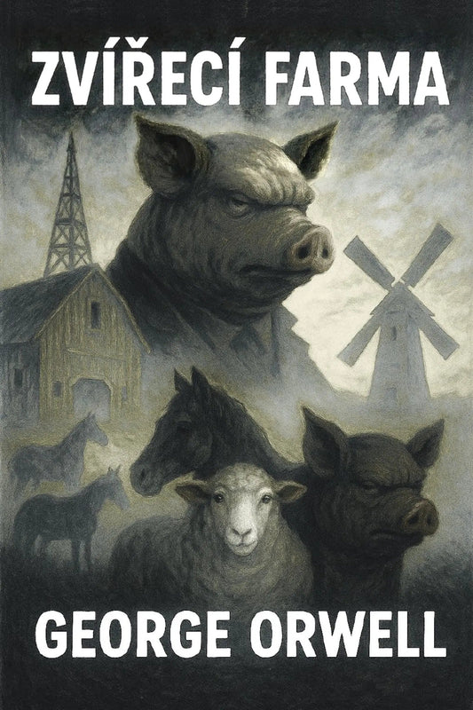 Book cover for 'Zvířecí farma' by George Orwell, featuring stylized illustrations of farm animals including a pig, sheep, horse, and pig in front of a barn and windmill.
