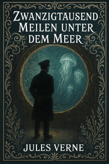 Book cover for 'Zwanzigtausend Meilen unter dem Meer' by Jules Verne, featuring a dark silhouette of a sailor looking out of a porthole at glowing jellyfish in deep blue water, with ornate gold decorative borders and white title text.
