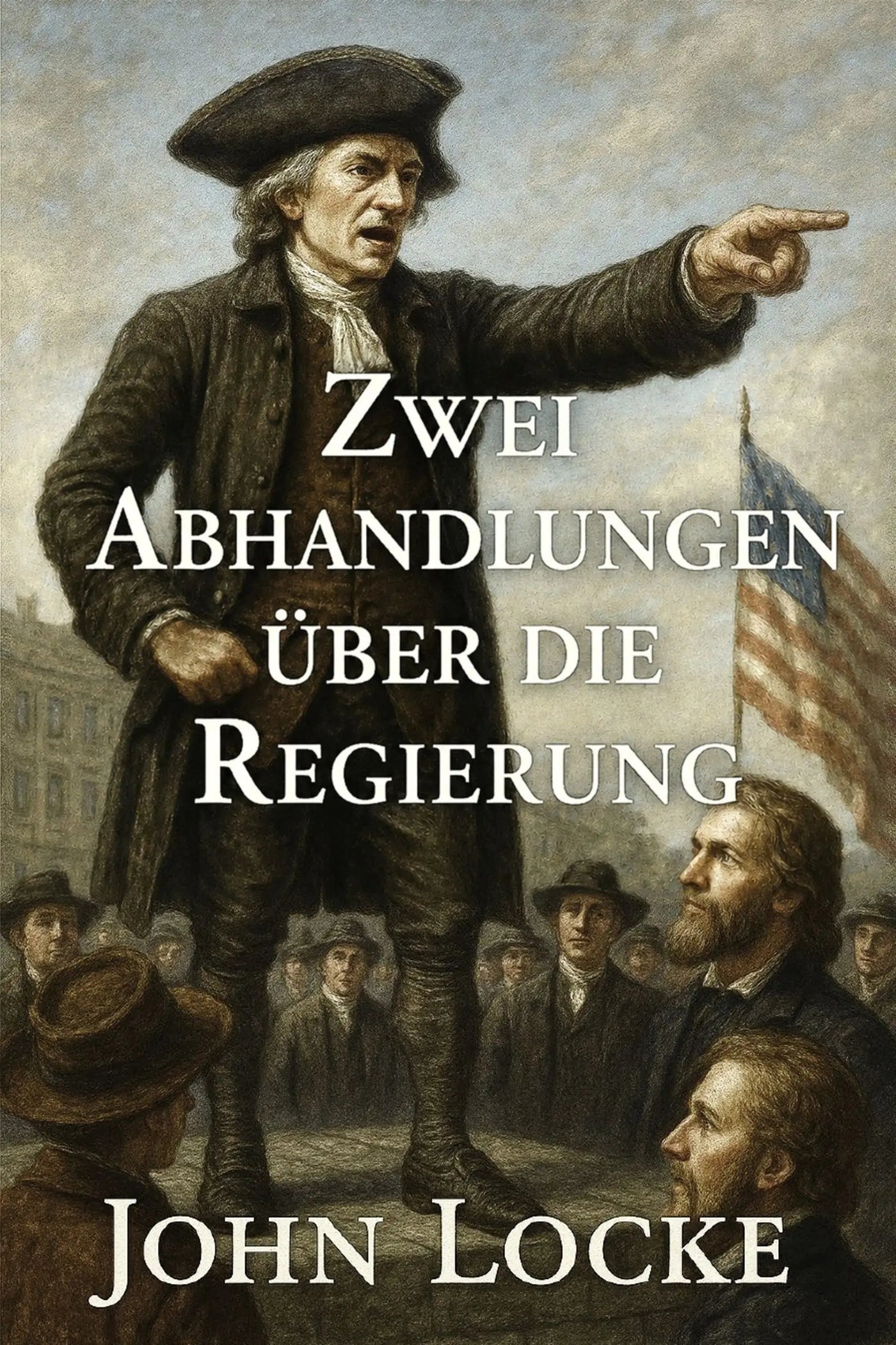 Book cover for 'Zwei Abhandlungen über die Regierung' by John Locke, featuring a historical painting of a colonial figure pointing toward an American flag, with the title and author name in large white text.