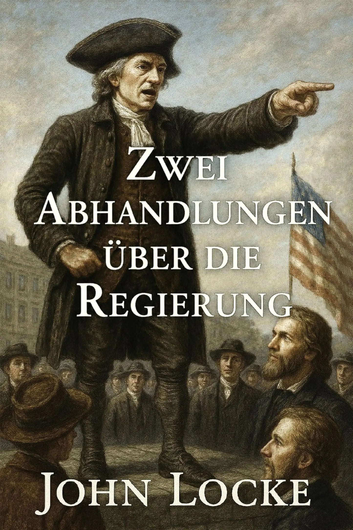 Book cover for 'Zwei Abhandlungen über die Regierung' by John Locke, featuring a historical painting of a colonial figure pointing toward an American flag, with the title and author name in large white text.